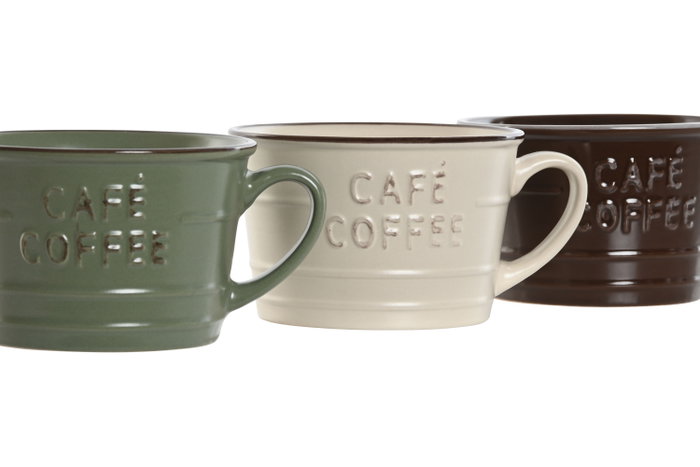 DKD Home Decor Tazas de Gres Coffee Relieve, Surtido de 3 Unidades, 260 ml