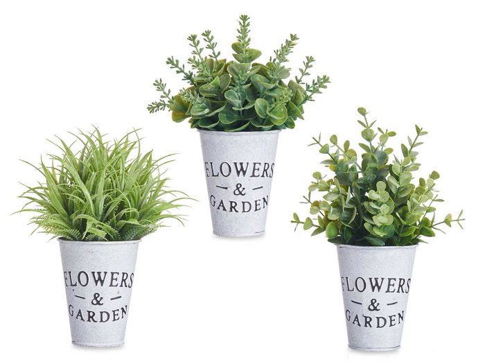 Ibergarden Planta Flor Verde Envejecid Bote Metal 23 cm Surtidos (Set de 12)