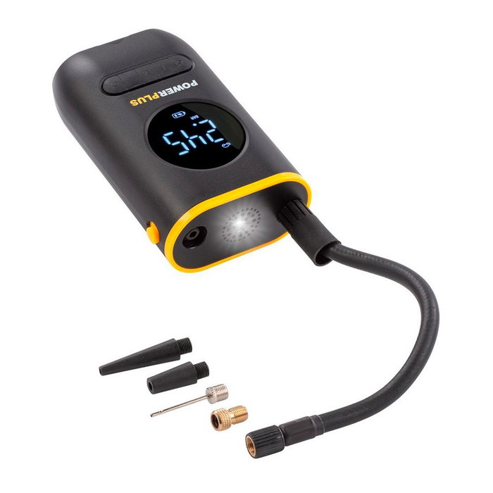 Powerplus Bomba de Aire Eléctrica con Batería USB-C 2000 mAh, 16 L/min, 10.3 Bar para Neumáticos, Pelotas y Colchones, Incluye 4 Adaptadores, Manguera y Bolsa
