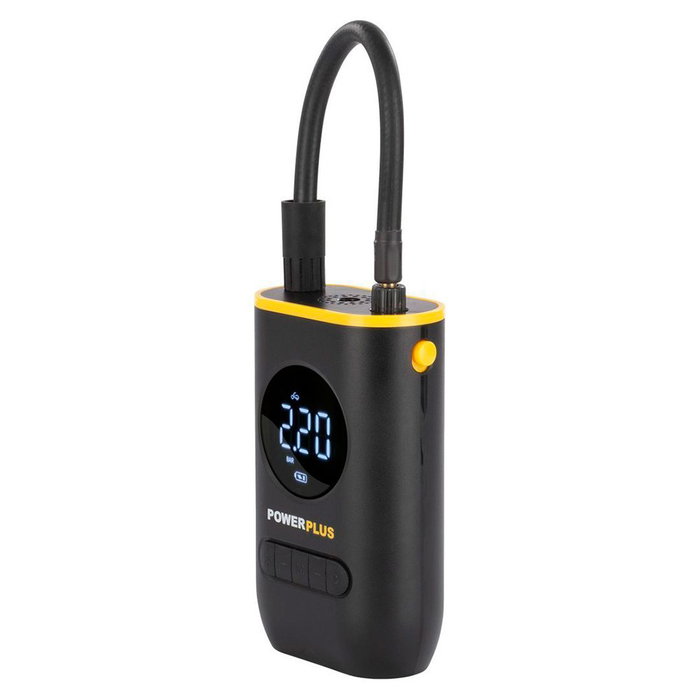 Powerplus Bomba de Aire Eléctrica con Batería USB-C 2000 mAh, 16 L/min, 10.3 Bar para Neumáticos, Pelotas y Colchones, Incluye 4 Adaptadores, Manguera y Bolsa