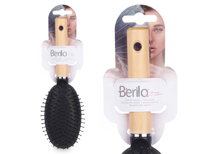 Berilo Cepillo Cabello Ovalado Mango Madera 7 cm x 25.5 cm x 4 cm (Set de 24)