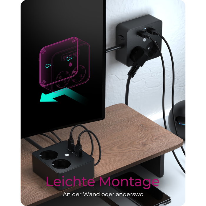 ICY BOX Regleta de enchufes con 2 puertos USB, color negro