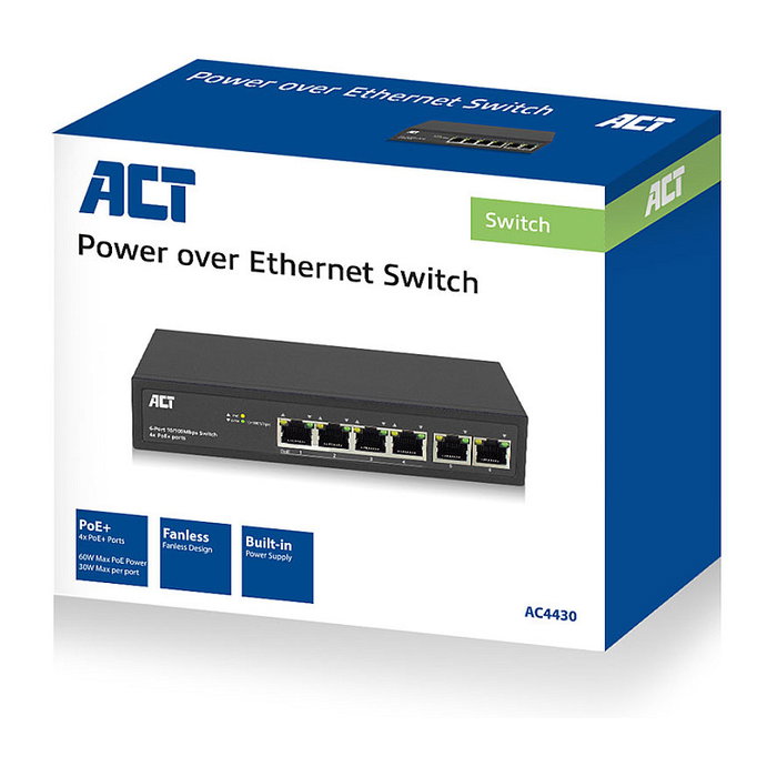ACT Switch de red de 6 puertos con 4 puertos PoE+ 30W 10/100Mbps