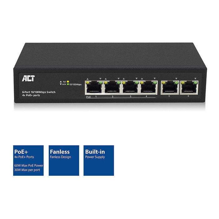 ACT Switch de red de 6 puertos con 4 puertos PoE+ 30W 10/100Mbps