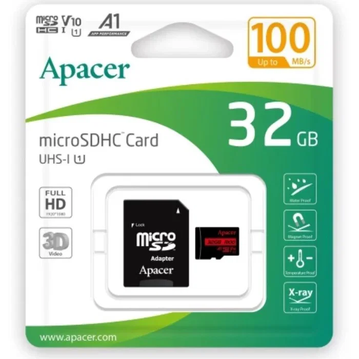 Apacer Tarjeta de memoria microSDHC 32GB, Clase 10, UHS-I, Velocidad lectura 100 MB/s, A1, con adaptador SD