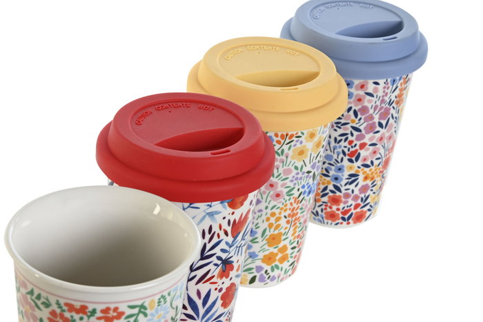 DKD Home Decor Mug Shabby Porcelana y Silicona Multicolor 400 ml Pack 4 Unidades 10 x 14 x 10 cm