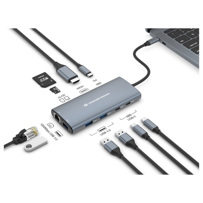 Conceptronic DONN06G Estación de Acoplamiento 9 en 1 USB-C con HDMI, PD y Ethernet, Gris Conceptronic DONN06G Estación de Acoplamiento 9 en 1 USB-C con HDMI, PD y Ethernet, Gris