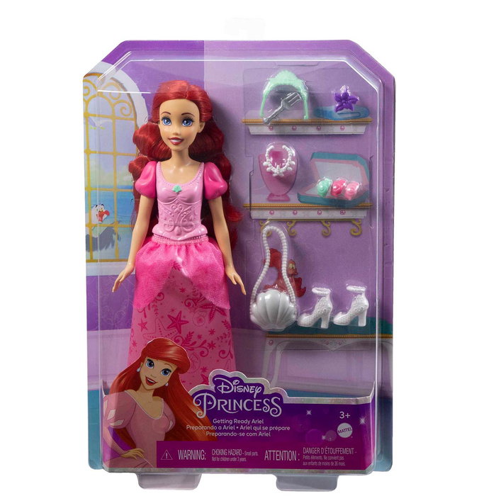 Mattel HLX34 Muñeca Ariel Disney La Sirenita de moda articulada con vestido rosa, pelo largo y accesorios para peinar