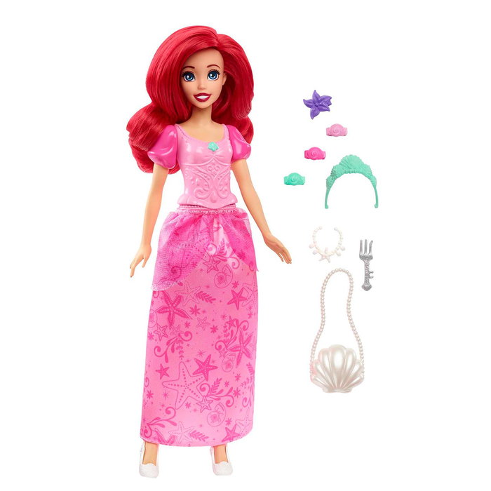 Mattel HLX34 Muñeca Ariel Disney La Sirenita de moda articulada con vestido rosa, pelo largo y accesorios para peinar
