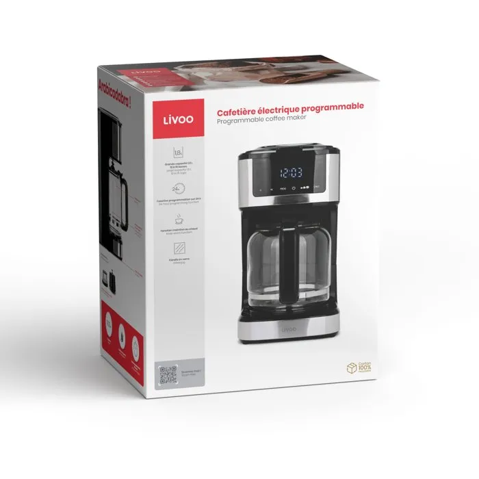 Livoo Cafetera Eléctrica Programable DOD208 - 900W - 1.8L - Capacidad 12-15 Tazas - Negra