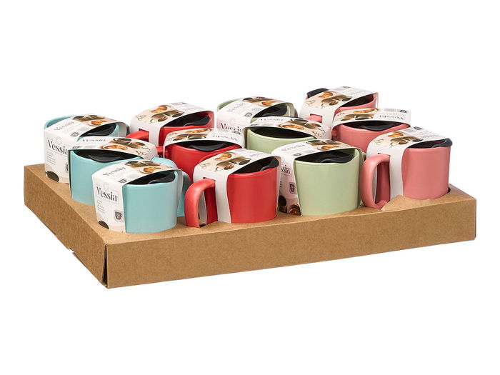 VESSIA Taza con Base y Tapa de Corcho 350 ml, Colores Vivos (Surtido Azul/Rojo/Rosa/Verde), Apta Lavavajillas y Microondas, 12.5x11x8.8 cm (Set de 24)