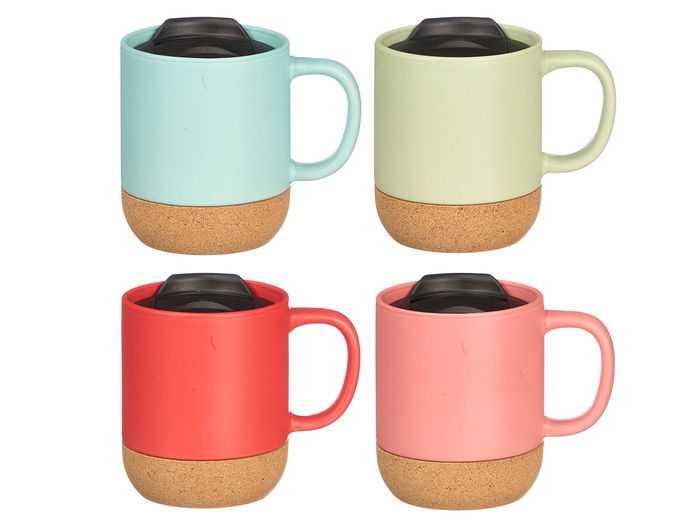 VESSIA Taza con Base y Tapa de Corcho 350 ml, Colores Vivos (Surtido Azul/Rojo/Rosa/Verde), Apta Lavavajillas y Microondas, 12.5x11x8.8 cm (Set de 24)