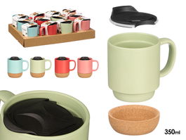 VESSIA Taza con Base y Tapa de Corcho 350 ml, Colores Vivos (Surtido Azul/Rojo/Rosa/Verde), Apta Lavavajillas y Microondas, 12.5x11x8.8 cm (Set de 24)