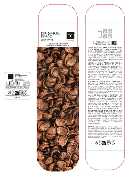 Inde Tarro Boro Silicato Térmico / Acacia Cuadrado 1100 ml para Almacenamiento La Mediterran (12 Unidades)