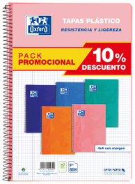 OXFORD Pack de 5 cuadernos espiral Formato Folio 80 hojas 90g cuadrícula 4x4