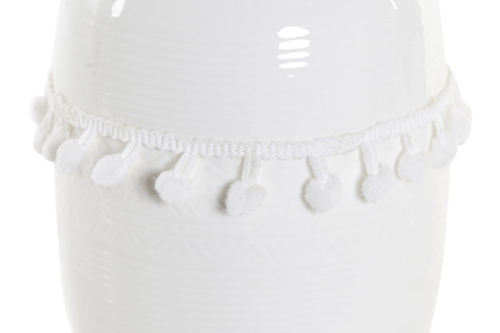 DKD Home Decor Jarrón de Gres con Pompon Blanco 10,3x10,3x14,5 cm