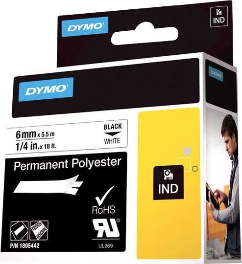DYMO Cinta mecanográfica de poliéster Rhino IND 6mm x 5,5m negro sobre blanco DYMO Cinta mecanográfica de poliéster Rhino IND 6mm x 5,5m negro sobre blanco