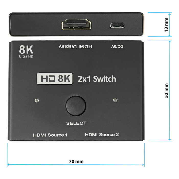 GoodConnections Switch HDMI 2.1 Direccional 2 Entradas 1 Salida 8K@60Hz 4K@120Hz HDR HDCP 2.3 - Negro