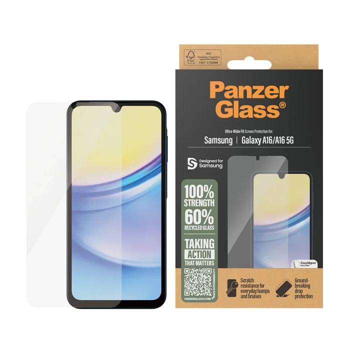 PanzerGlass Protector de Pantalla Samsung Galaxy A16 / A16 5G | Ultra-Wide Fit con EasyAligner | 6.7" | Vidrio Templado | Resistente a Golpes y Rayones | Aplicación en Seco
