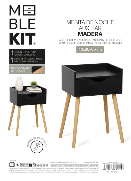 Inde Mesita de Noche Auxiliar con Cajón de Madera en Negro - 31.8 cm de Ancho (2 Unidades)