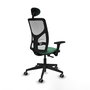 Silla de oficina Motilla con mecanismo Sincro tapizada con Tela color Verde esmeralda y malla color Blanco. Equipada con lumbar 1D, Brazos 3D, Cabecero Fijo y Ruedas 65 mm parqué