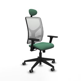 Silla de oficina Motilla con mecanismo Sincro tapizada con Tela color Verde esmeralda y malla color Blanco. Equipada con lumbar 1D, Brazos 3D, Cabecero Fijo y Ruedas 65 mm parqué
