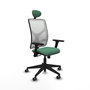Silla de oficina Motilla con mecanismo Sincro tapizada con Tela color Verde esmeralda y malla color Blanco. Equipada con lumbar 1D, Brazos 3D, Cabecero Fijo y Ruedas 65 mm parqué