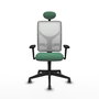 Silla de oficina Motilla con mecanismo Sincro tapizada con Tela color Verde esmeralda y malla color Blanco. Equipada con lumbar 1D, Brazos 3D, Cabecero Fijo y Ruedas 65 mm parqué