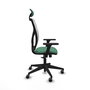 Silla de oficina Motilla con mecanismo Sincro tapizada con Tela color Verde esmeralda y malla color Blanco. Equipada con lumbar 1D, Brazos 3D, Cabecero Fijo y Ruedas 65 mm parqué