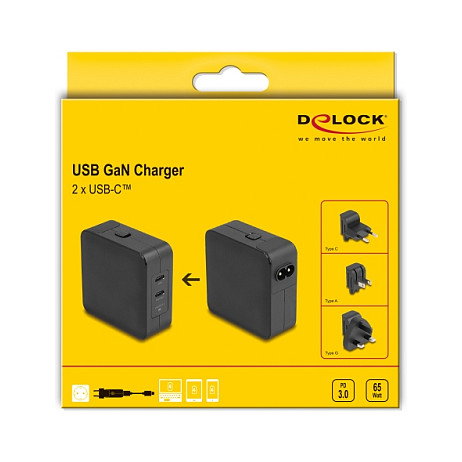 DeLOCK 41443 Cargador GaN 2 x USB Tipo-C 65 W DeLOCK 41443 Cargador GaN 2 x USB Tipo-C 65 W