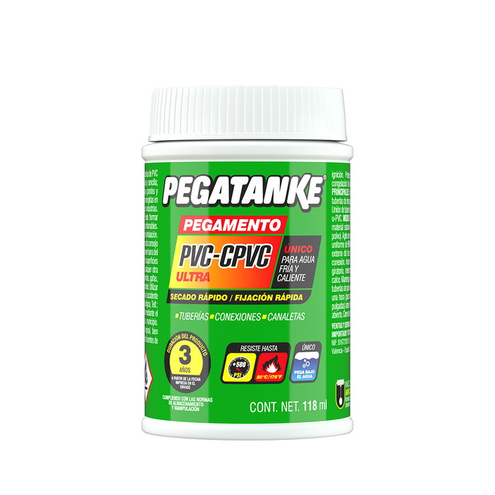 Pegatanke Pegamento PVC-CPVC Verde 118ml con Aplicador, Alta Resistencia +500psi 80°C, Cura Bajo Agua para Tuberías y Canaletas Pegatanke Pegamento PVC-CPVC Verde 118ml con Aplicador, Alta Resistencia +500psi 80°C, Cura Bajo Agua para Tuberías y Canaletas