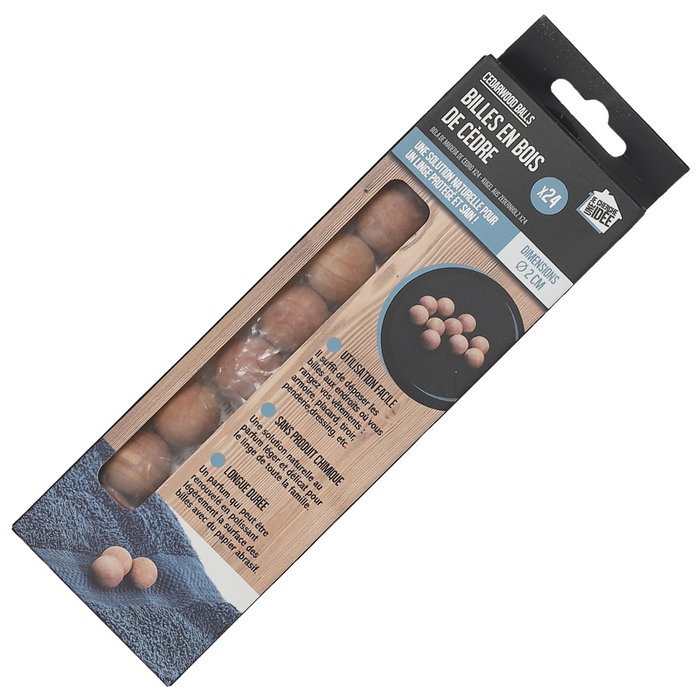 Je cherche une Idee Juego de 24 Bolas Anti-Olor para Armario, Madera de Cedro, Absorbe Humedad y Olores, Contra Polillas