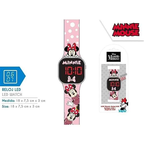 Kids Euroswan - Reloj Digital LED Minnie con Luz y Funciones para Niños, Multilingüe, 3.5 cm, Edad 3+ Años, Incluye Pilas