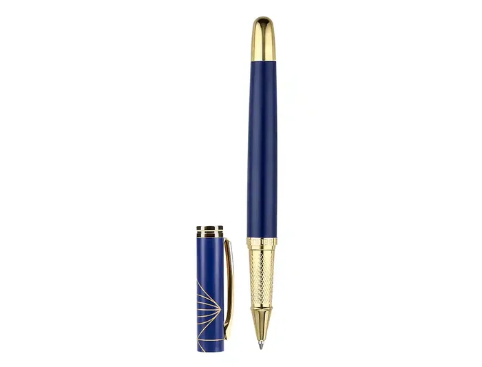 Belius Bolígrafo Soiree Aluminio Azul Marino y Dorado, Tinta Azul, Punta 0.8mm, Caja Diseño Art Deco
