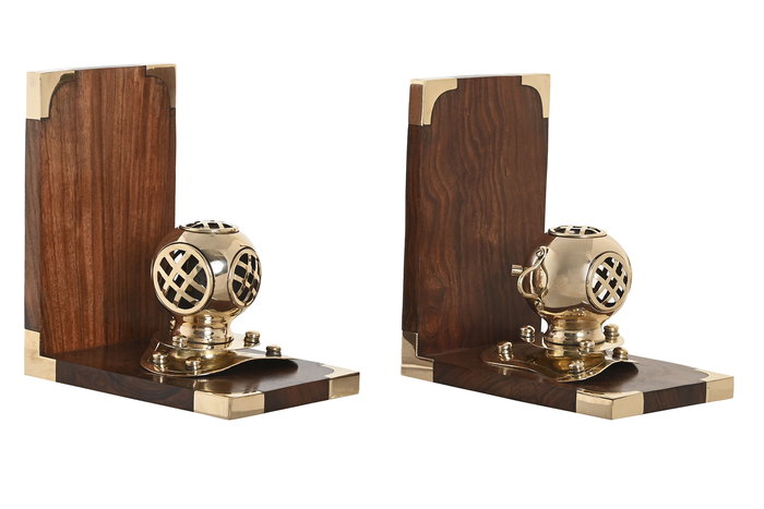 DKD Home Decor Sujetalibros Vintage Dorado Marron Oscuro Laton Sheesham Set de 2 10 x 16 x 30 cm