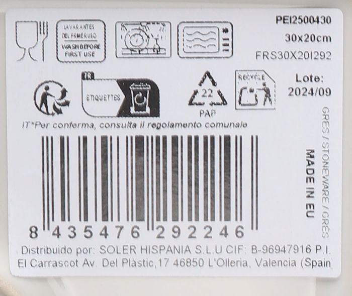 La Mediterranea Fuente Rectangular 30 cm x 20 cm Elite Brillo Peixe (6 Unidades)