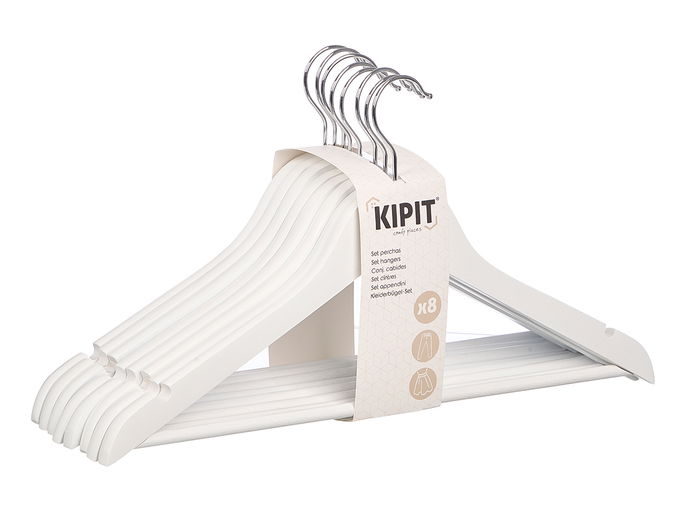 KIPIT Set de 8 Perchas Blancas, de Madera y Metal para Ropa, Dimensiones 43.5 x 23 x 10 cm (Set de 8)