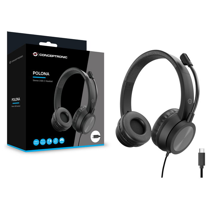 Conceptronic POLONA05BC Auriculares Diadema USB-C con Microfono Incorporado, Cancelación de Ruido, 20-22000 Hz, Cable 2m, Negro