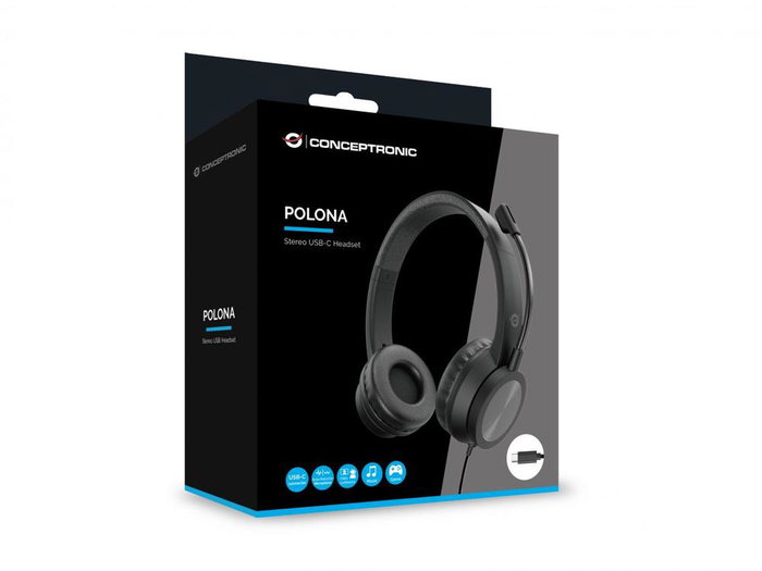Conceptronic POLONA05BC Auriculares con Cable USB-C, Diadema Ajustable, Micrófono con Reducción de Ruido, Negro