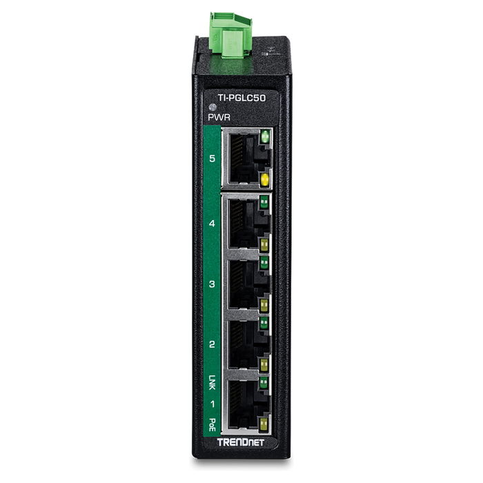 TRENDnet TI-PGLC50 Interruptor Industrial Montaje DIN-Rail 5 Puertos Gigabit PoE+ No Administrado 10 Gbit/s IP30 Negro