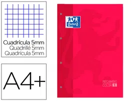 Oxford Recambio Color 1 Din A4+ 80 Hojas 90 Gr Cuadro 5 mm 4 Taladros Rojo