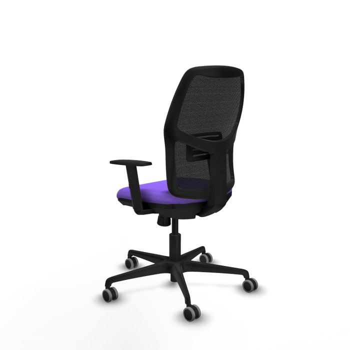 Silla de oficina Alfera con mecanismo Sincro tapizada con Tela color Lila y malla color Negro. Equipada con lumbar 1D, Brazos 1D y Ruedas 65 mm parqué Silla de oficina Alfera con mecanismo Sincro tapizada con Tela color Lila y malla color Negro. Equipada con lumbar 1D, Brazos 1D y Ruedas 65 mm parqué