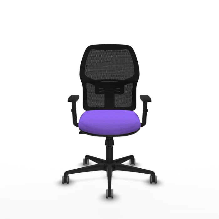 Silla de oficina Alfera con mecanismo Sincro tapizada con Tela color Lila y malla color Negro. Equipada con lumbar 1D, Brazos 1D y Ruedas 65 mm parqué Silla de oficina Alfera con mecanismo Sincro tapizada con Tela color Lila y malla color Negro. Equipada con lumbar 1D, Brazos 1D y Ruedas 65 mm parqué