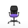 Silla de oficina Alfera con mecanismo Sincro tapizada con Tela color Lila y malla color Negro. Equipada con lumbar 1D, Brazos 1D y Ruedas 65 mm parqué