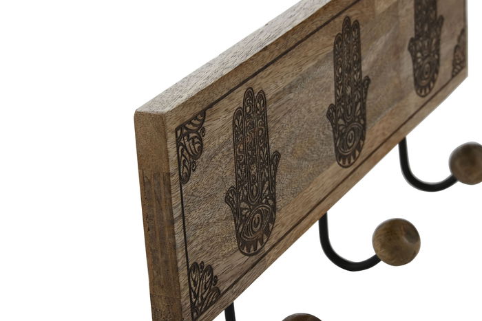 DKD Home Decor Hamsa 24 Perchero de Pared Estilo Indio Mango y Metal Natural Negro 38 x 16 x 5 cm (2 Unidades)