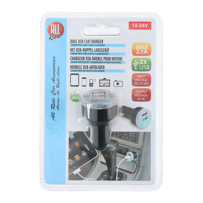 All Ride Cargador de Coche USB Doble 2.1A, 2 Puertos USB-A para Vehículo, Voltaje Entrada DC 12-24V y Salida 5V