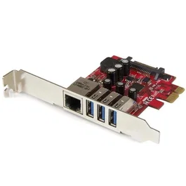 StarTech.com Tarjeta PCIe USB 3.0 y Gigabit Ethernet de 3 Puertos - Adaptador Interno con Hub USB 3.2 Gen 1 y Red 10/100/1000 Mbps