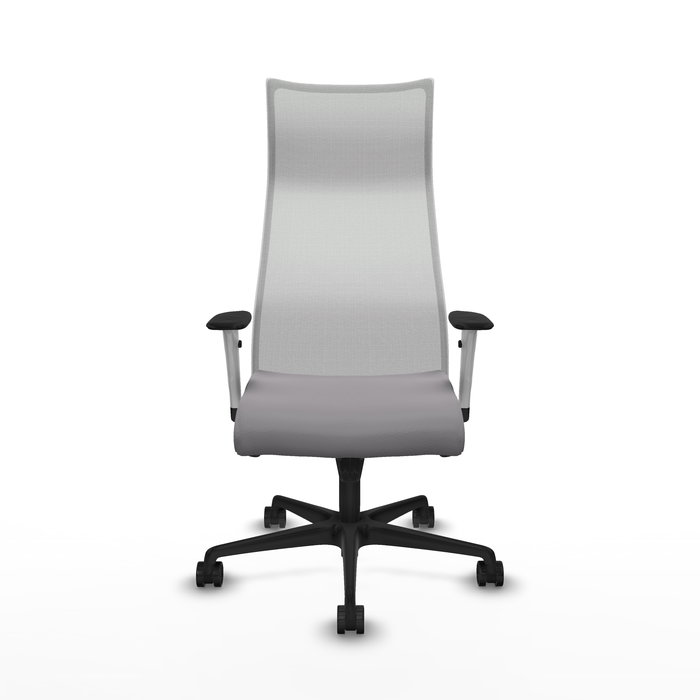 Sillón Albacete con mecanismo Sincro tapizada con Similpiel color Gris y malla color Blanco. Equipado con Base nailon negra, Brazos 1D y Ruedas 65mm nailon