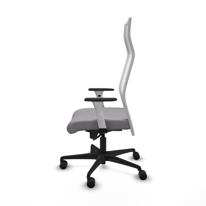 Sillón Albacete con mecanismo Sincro tapizada con Similpiel color Gris y malla color Blanco. Equipado con Base nailon negra, Brazos 1D y Ruedas 65mm nailon