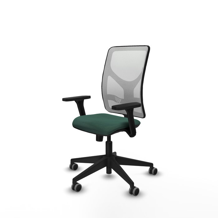 Silla de oficina Motilla con mecanismo Sincro tapizada con Tela color Verde botella y malla color Blanco. Equipada con lumbar 1D, Brazos 3D y Ruedas 65 mm parqué